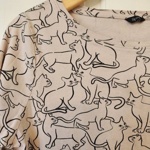 Kitty Cat Print Top Shirt Tan Black Whimsigoth Witchy Halloween Spirit Fairycore - Picture 6 of 15